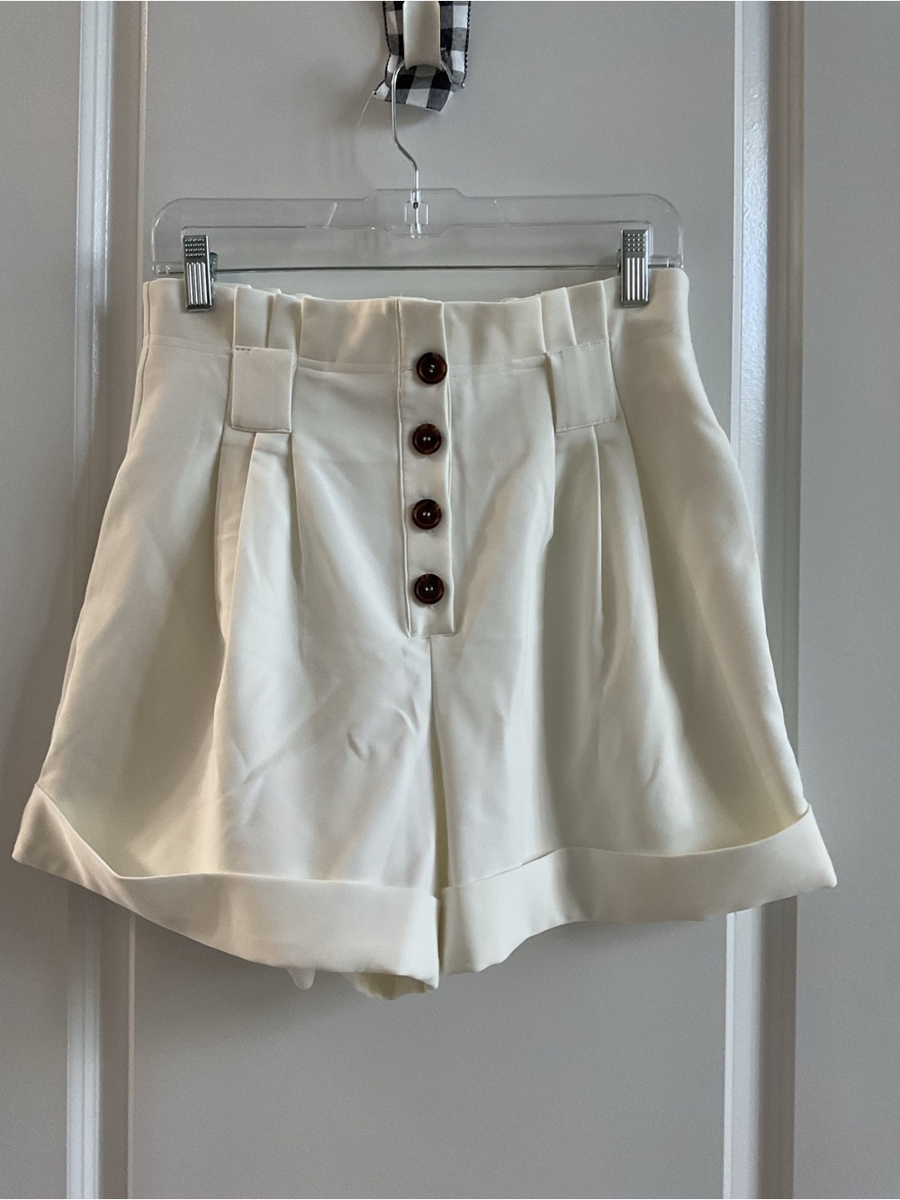 High-Waist Cream Pleated Button-Front Women's Shorts